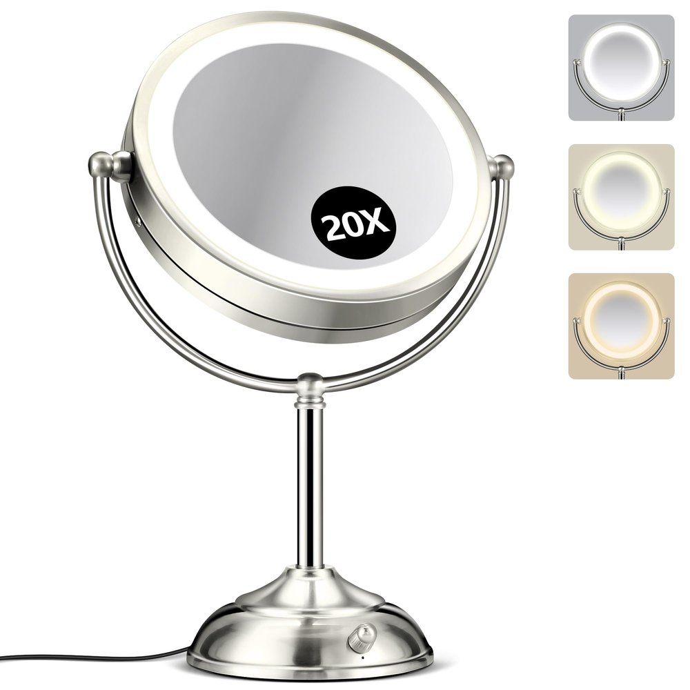 20X Magnifying Mirror with Light, Rechargeable 9" Lighted makeup mirror with magnification, 3 Color Modes, Adjustable Brightness, No Assembly Required, 360 Rotation Cosmetic Mirror, Pearl Nickel