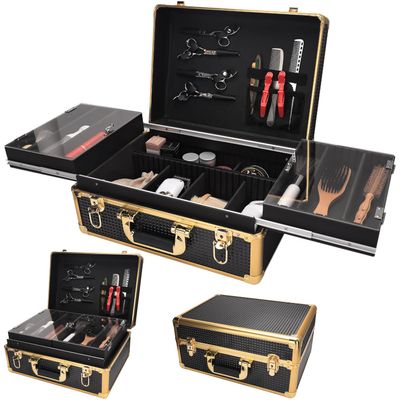 Barbershop Supplies Case, Large Organizer Makeup Case Train with Two Tray and Multiple Storage Slots Executive for Barbershop, Hair Salon, Home Haircuts, Beauty and Makeup