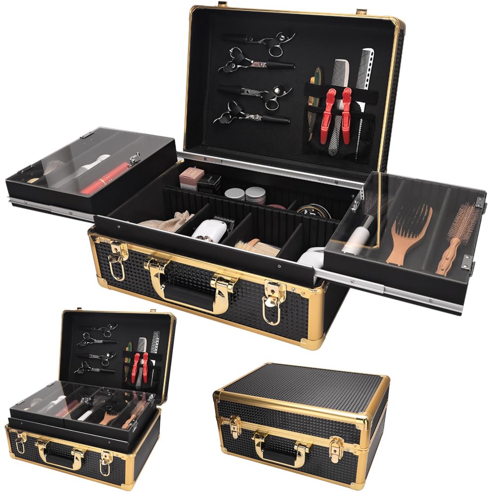 Barbershop Supplies Case, Large Organizer Makeup Case Train with Two Tray and Multiple Storage Slots Executive for Barbershop, Hair Salon, Home Haircuts, Beauty and Makeup
