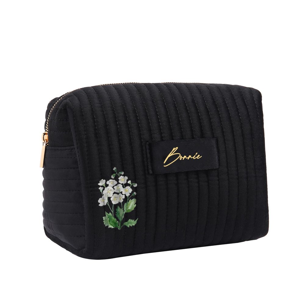 GleefulGem Personalized Travel Makeup Bag for Women: Custom Birth Flower & Name Velvet Zipped Black Cosmetic Bag - Birthday Christmas Friendship Gift for Daughter Sister Bridesmaid Mother