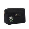 GleefulGem Personalized Travel Makeup Bag for Women: Custom Birth Flower & Name Velvet Zipped Black Cosmetic Bag - Birthday Christmas Friendship Gift for Daughter Sister Bridesmaid Mother view 1