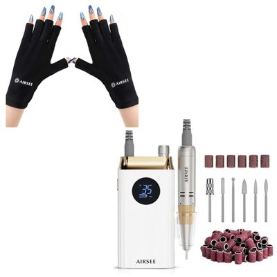 AIRSEE UV Gloves for Nail Lamp,Professional UPF50+ UV Protection Gloves for Manicures Nail Art Professional Nail Drill 35000RPM,Rechargeable Electric Nail File Kit for Acrylic Nails