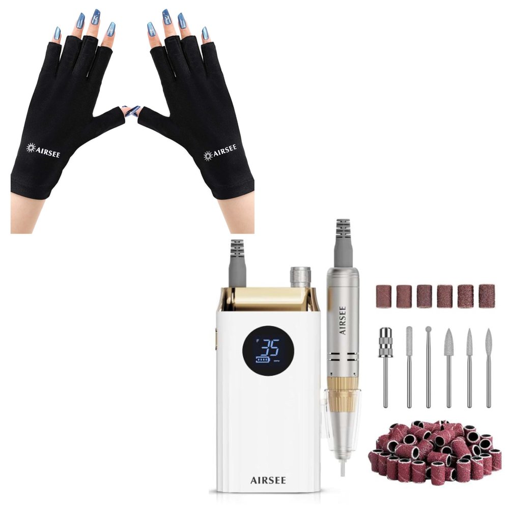 AIRSEE UV Gloves for Nail Lamp,Professional UPF50+ UV Protection Gloves for Manicures Nail Art Professional Nail Drill 35000RPM,Rechargeable Electric Nail File Kit for Acrylic Nails