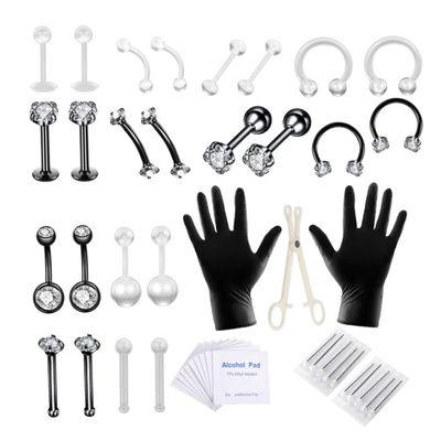 Veesper 47PCS Body Piercing Kit Stainless Steel Tongue Rings Belly Button Piercing Jewelry Black