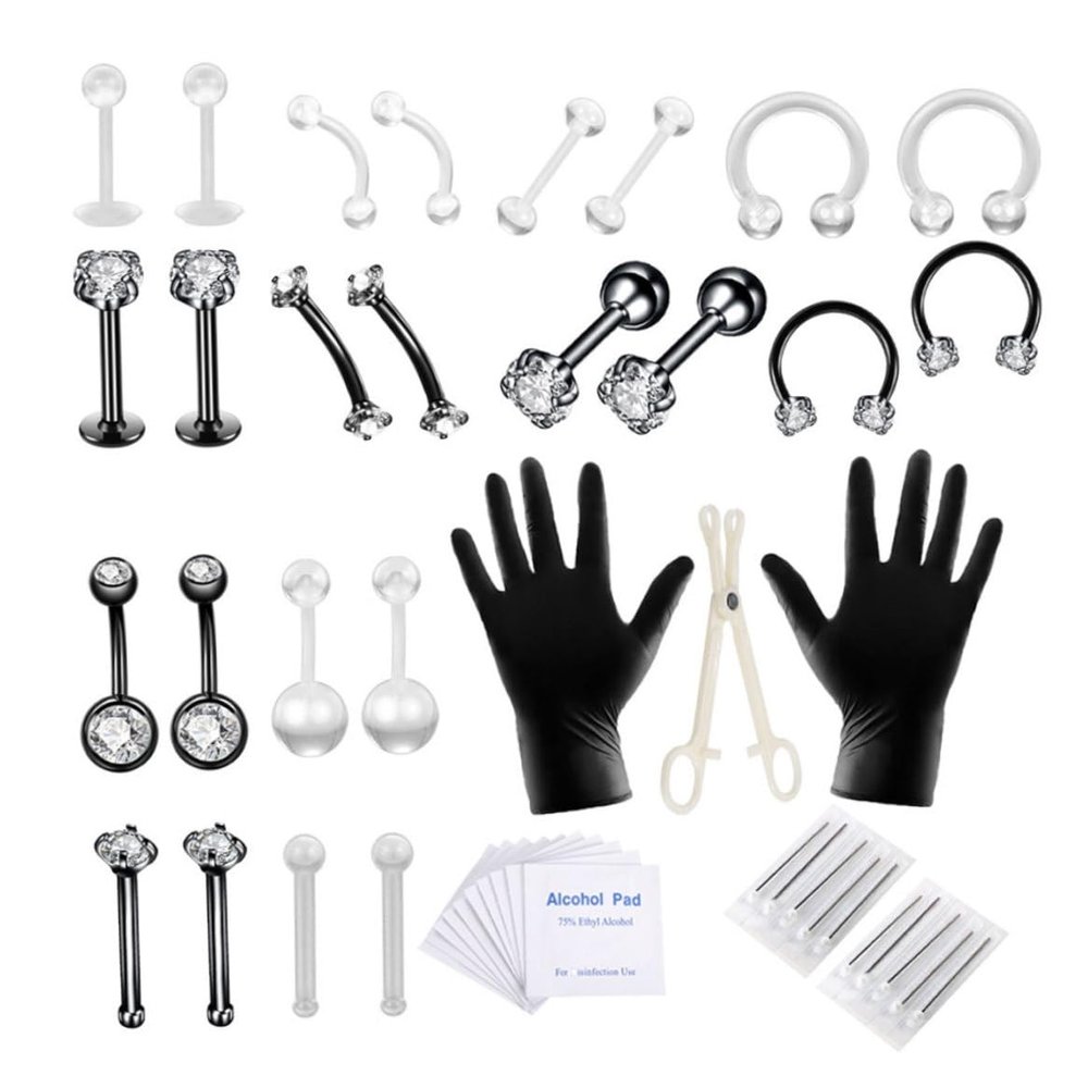 Veesper 47PCS Body Piercing Kit Stainless Steel Tongue Rings Belly Button Piercing Jewelry Black