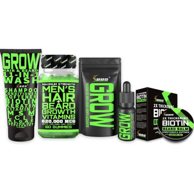 Beard Growth Kit w/Biotin Hair Growth Vitamins + GROW 11-in-1 Hair Growth Shampoo w/Biotin + 2X Thickening Mustache Wax for Men + GROW Beard Growth Oil for Men - Formulated in America