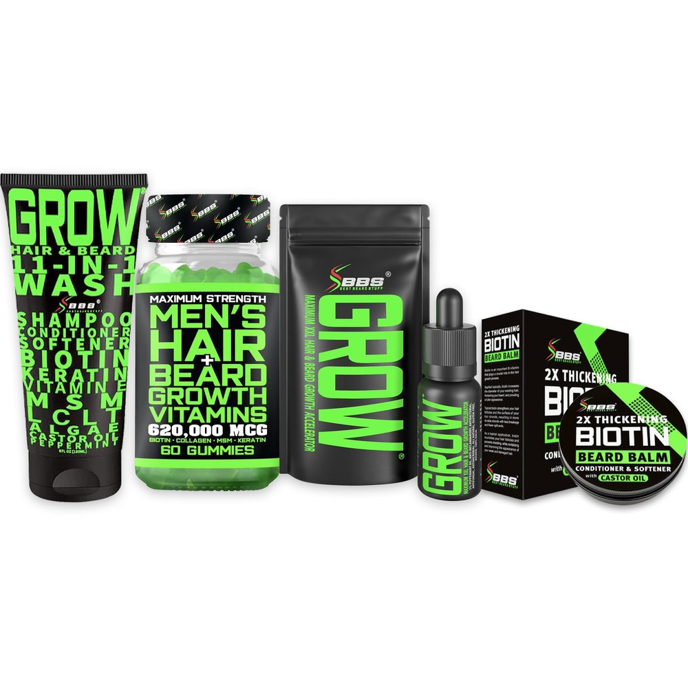 Beard Growth Kit w/Biotin Hair Growth Vitamins + GROW 11-in-1 Hair Growth Shampoo w/Biotin + 2X Thickening Mustache Wax for Men + GROW Beard Growth Oil for Men - Formulated in America
