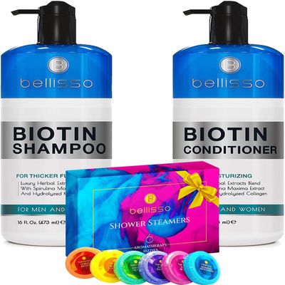 BELLISSO Aromatherapy Shower Steamers Set and Biotin Shampoo and Conditioner Set