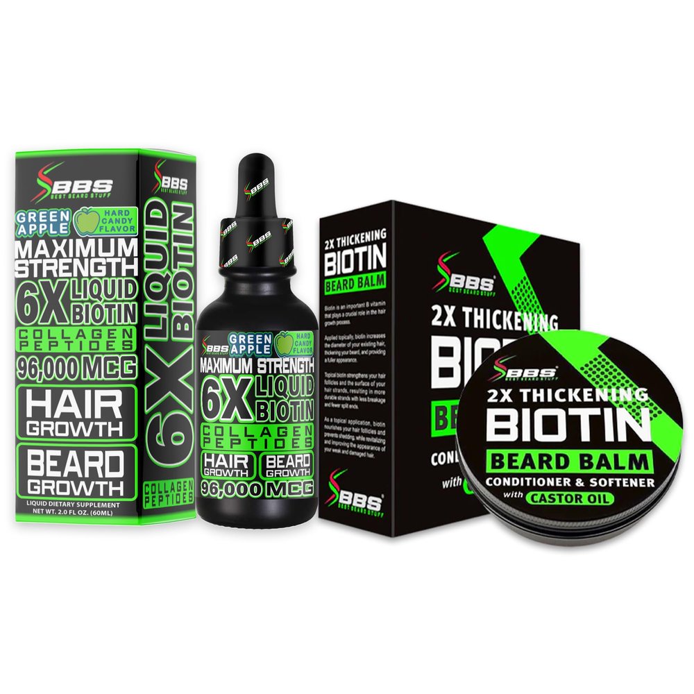 Beard Growth Kit w/ 2X Thickening Biotin Beard Balm & Mustache Wax + 6X Liquid Biotin with Collagen Peptides for Facial Hair Growth - Formulated in America