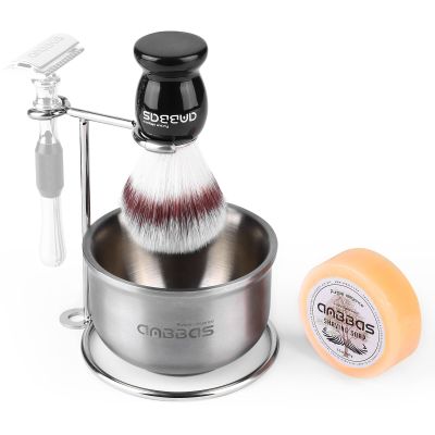 Anbbas Synthetic Badger Shaving Brush,Stainless Steel Shaving Razor and Brush Stand and Lathering Foam Bowl,3.5 oz Natural Shaving Soap Puck Refill for Men