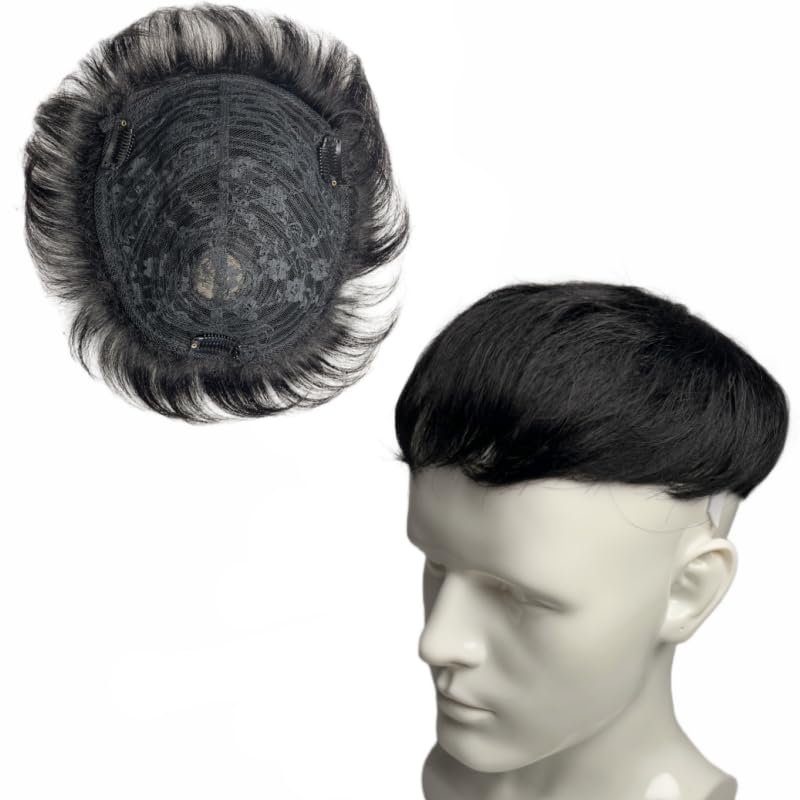 AYunhe Natural Human Hair Toupees for Men and Women Clip in Human Hair Pieces 18x20cm Lace Hair Topper Extensions for Mild Hair Loss (Natural Black)