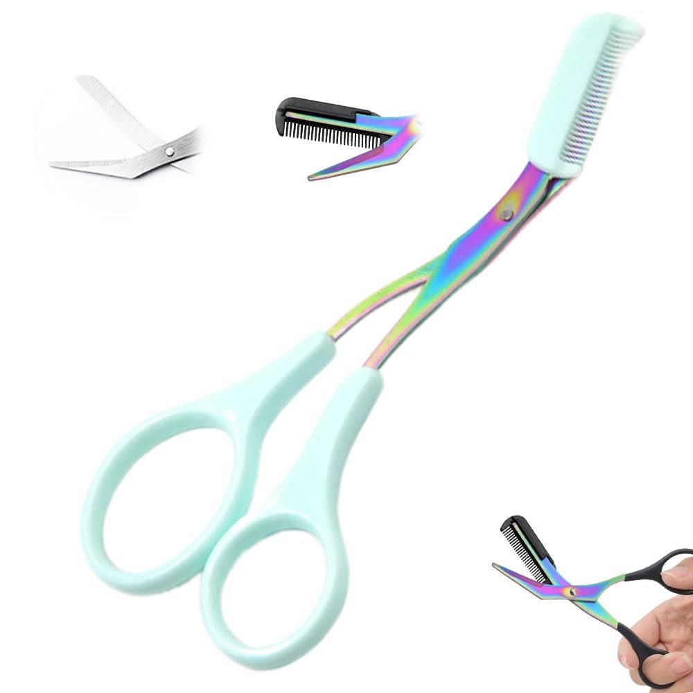 Upgraded Stainless Steel Eyebrow Trimmer Scissors with Comb, Non-Slip Eyebrow Cutter Hair Removal Scissors for Women & Men (Blue)