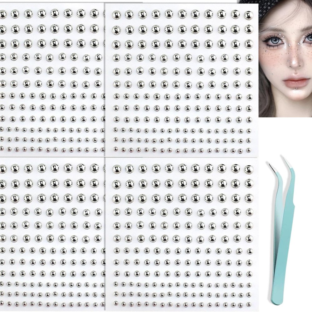NOOEPC Face Gems Lip Stud, Fake Piercings Nose Stud Eyebrow, Non Piercing Nose Stud Stick on Silver Belly Button Sticker, Face Sticker Fake Ring Cool Punk Y2K Makeup for Women Men