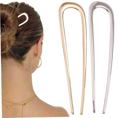 2Pcs French Hair Pin, 1.4 x 5.5" French Twist Hair Pin, New U-shaped Hair Stick for Thick Hair Buns, Fashionable French Pin, Elegant Hair Accessories for Women & Girls (Gold+Silver)