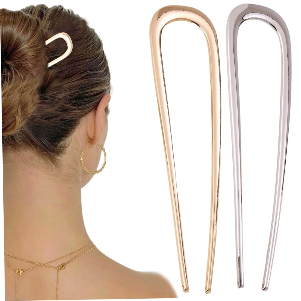 2Pcs French Hair Pin, 1.4 x 5.5" French Twist Hair Pin, New U-shaped Hair Stick for Thick Hair Buns, Fashionable French Pin, Elegant Hair Accessories for Women & Girls (Gold+Silver)