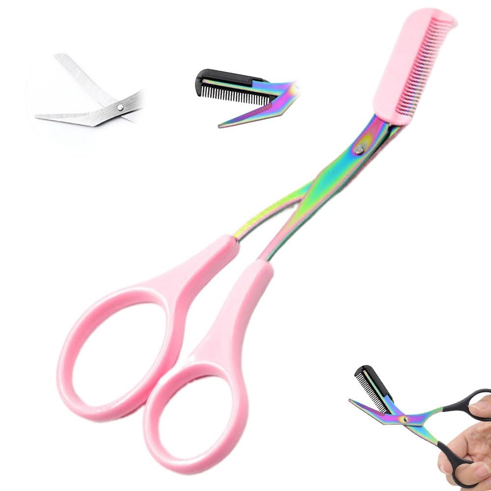 Upgraded Eyebrow Trimmer Scissor With Comb - Non-Slip Stainless Steel Trimming Scissors, Hair Removal Cutter Makeup Tool for Women Men (Pink)