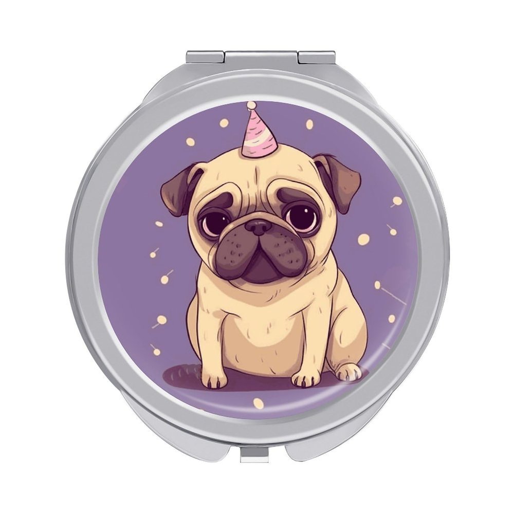 KLWQR Funny Cartoon Pug Puppy Dog Travel Makeup Mirror Portable Folding Cosmetic Compact Mirror with 2 X 1x Magnification Mini Pocket Mirror for Women Purses