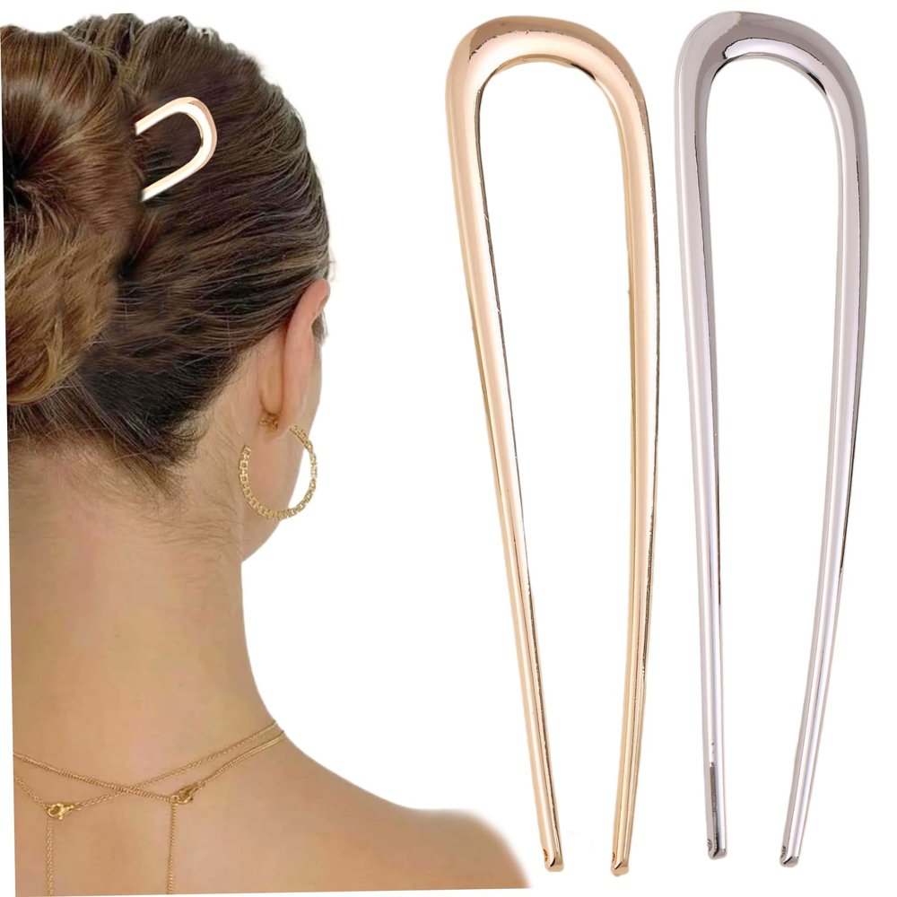 2Pcs French Hair Pin, 1.4 x 5.5" French Twist Hair Pin, New U-shaped Hair Stick for Thick Hair Buns, French Pin Fashionable French Pin, Elegant Hair Accessories for Women & Girls (Gold+Silver)