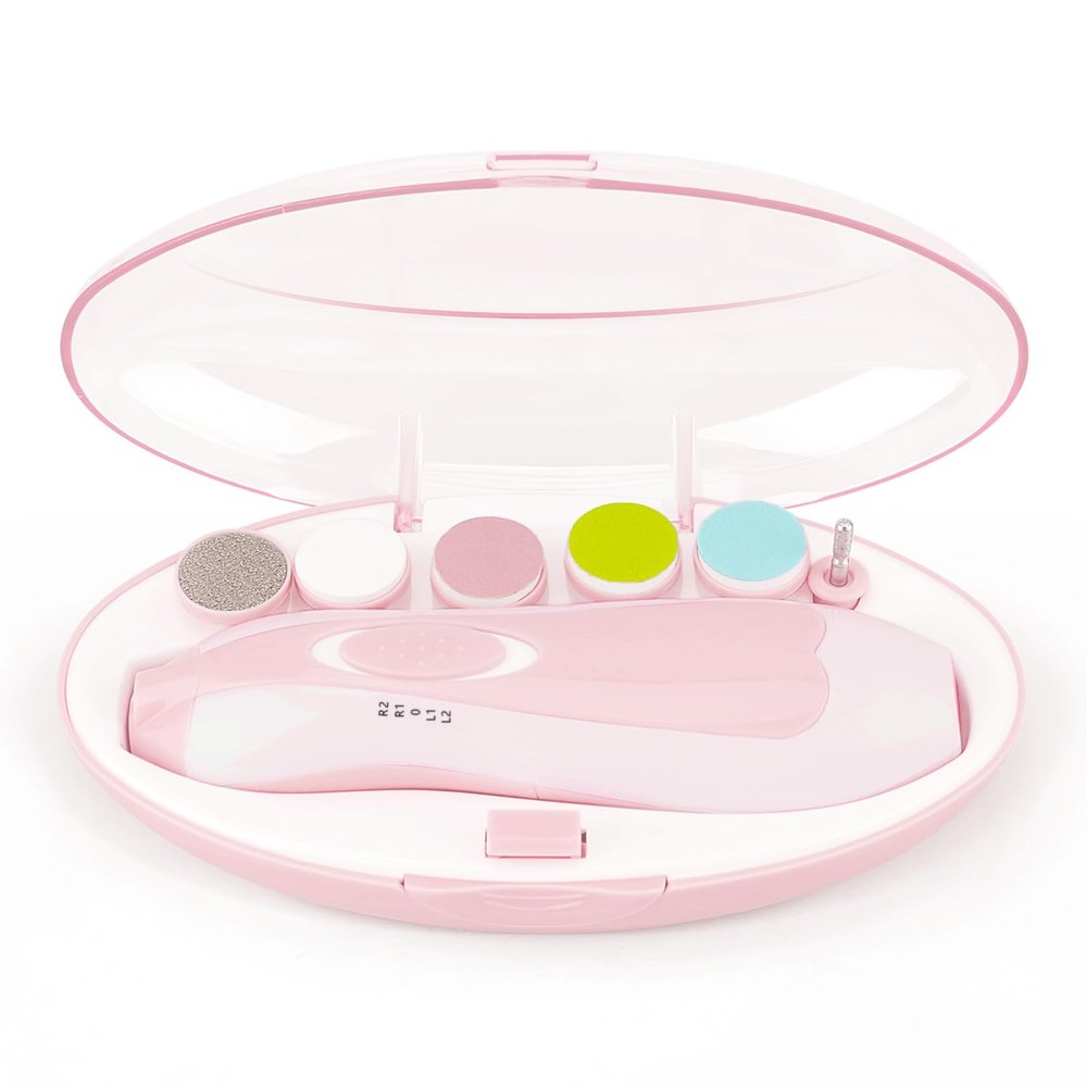 Baby Nail File Clippers Electric: Baby Nail Trimmer Electric Kit Fingernails Toes Care Manicure 6-in-1 Set with LED Light Safe for Newborn Kids and Adult Pink