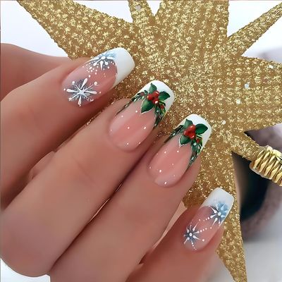 Christmas Press on Nails Medium Square Fake Nails With Snowflake Designs Xmas White French Tip False Nails Full Cover Stick on Nails Acrylic Winter Artificial Nails for Women Glue on Nails 24 Pcs