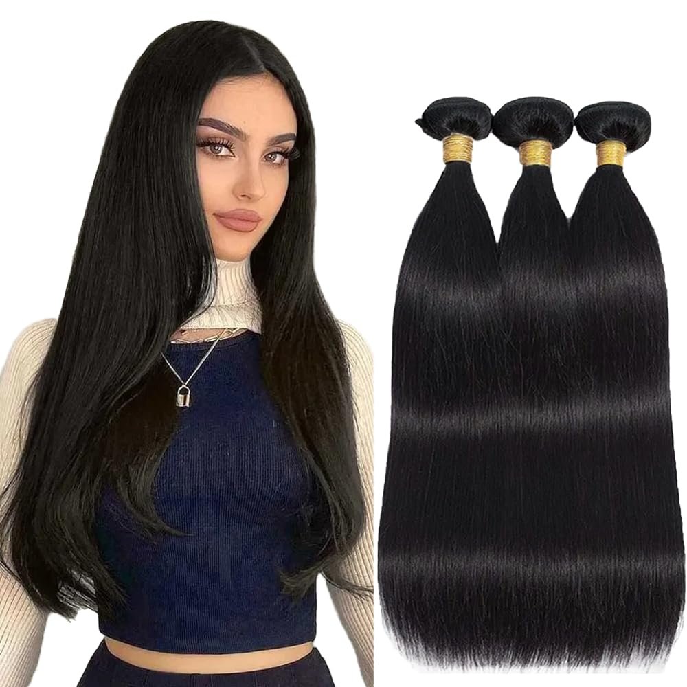 28 28 28 Inch Straight Bundles Human Hair Natural Black Color 8A Grade Unprocessed Brazilian Virgin Hair 3 Bundles Straight Hair Bundles Double Weft Extensions Hair
