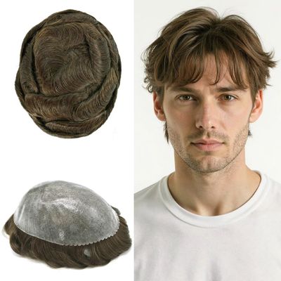 All Poly Toupee for Men Indian Human Hair Replacement System Man Hairpiece Thin Skin Mens Toupee 0.1MM Male Hair Prothesis 6"X9" 4# MEDIUM BROWN