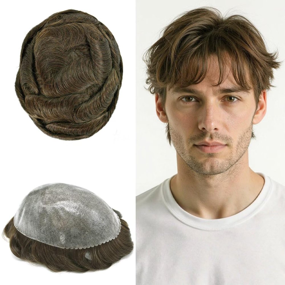 All Poly Toupee for Men Indian Human Hair Replacement System Man Hairpiece Thin Skin Mens Toupee 0.1MM Male Hair Prothesis 6"X9" 4# MEDIUM BROWN