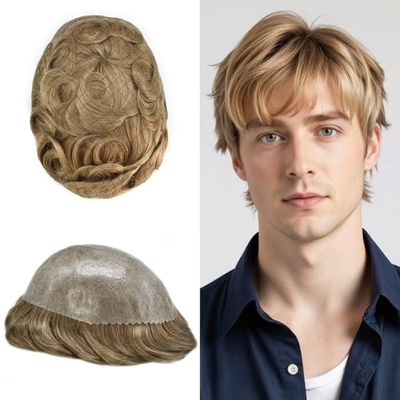 Full PU Toupee for Men Human Hair Piece Durable Thin Skin Hair Replacement System Mens Toupee 0.1MM All Poly PU Injected Male Hair Units Wig 7"X9" #2010 20# LIGHT ASH BLONDE WITH 10% SYNTHETIC GRYE