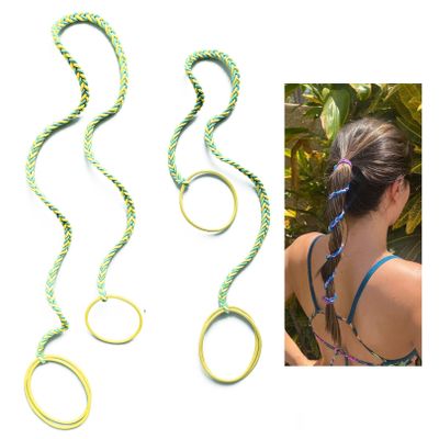 2 Packs (1pc16"+1PC 25") Yellow & Aqua Hair Ties No Metal Hook for Women, Elastic Pony Tail Wrap Tie No Damage for Long Thick Curly Hair Strong Braided Ponytail Holders for Swim