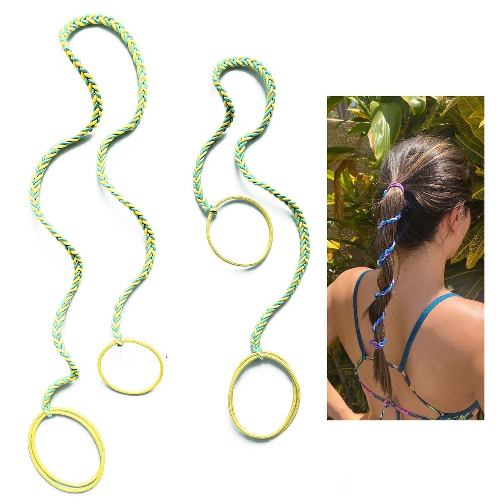2 Packs (1pc16"+1PC 25") Yellow & Aqua Hair Ties No Metal Hook for Women, Elastic Pony Tail Wrap Tie No Damage for Long Thick Curly Hair Strong Braided Ponytail Holders for Swim