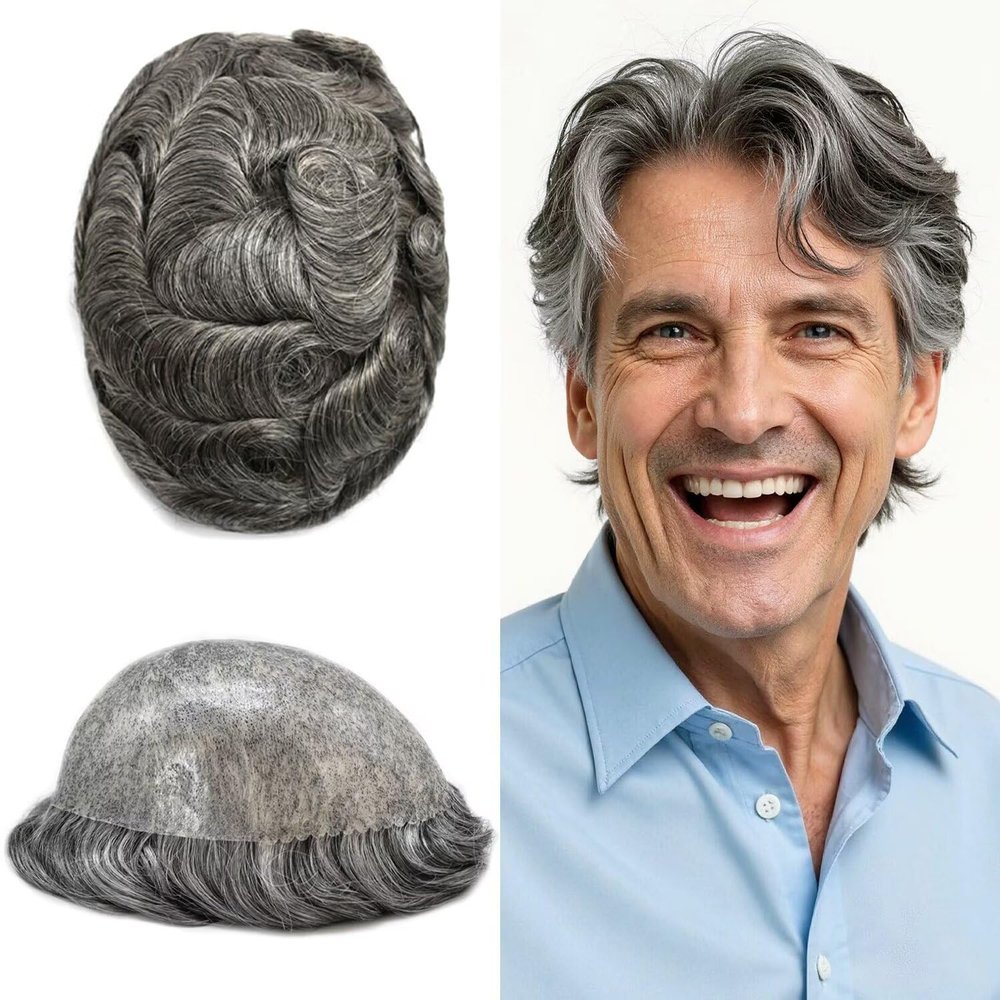 Toupee for Men Full PU Human Hair Replacement System - 0.1MM Thin Skin Male Hairpiece 6"X8" #1B60 1B# Off Black With 60% Synthetic Grey