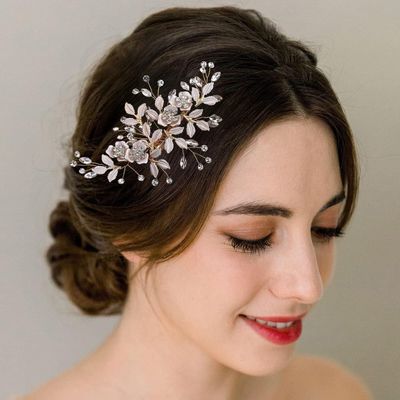 ALUINN Flower Bride Hair Comb Crystal Hair Piece Rhinestone Wedding Bridal Hair Accessories for Women Brides and Bridesmaids Rose Gold