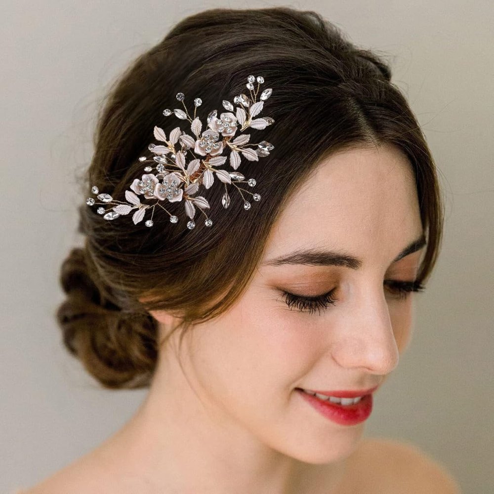 ALUINN Flower Bride Hair Comb Crystal Hair Piece Rhinestone Wedding Bridal Hair Accessories for Women Brides and Bridesmaids Rose Gold