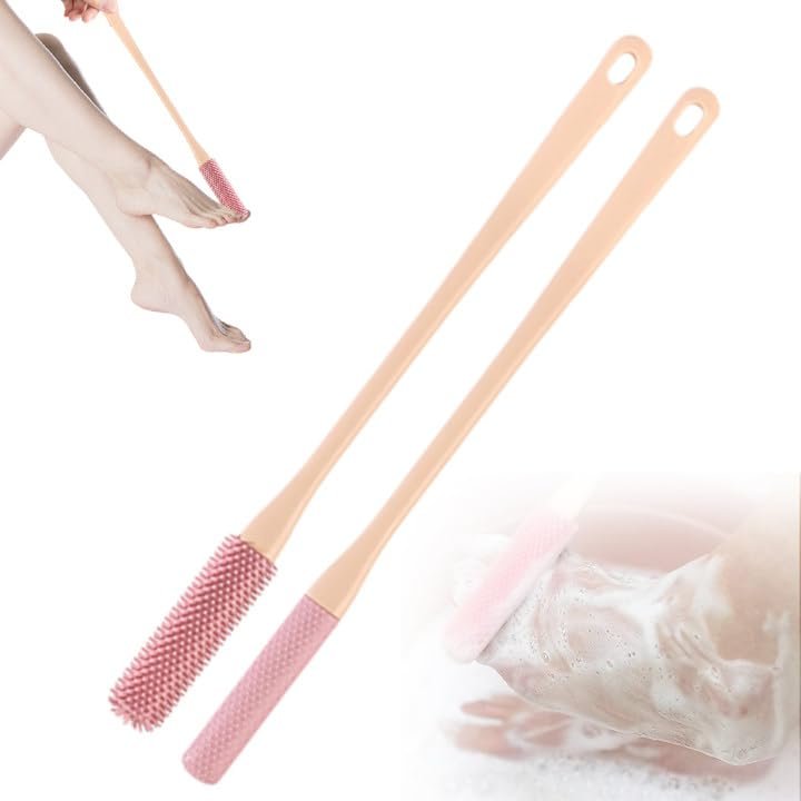 Pink Silicone Body Scrubber, Foot Back Scrubber in Shower, Long Handle Exfoliating Brush for Men and Women