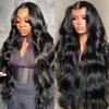 KHY.JNM Natural Black Long Wave Wig 13X4 Transparent Lace HD Lace Front Wig with Baby Hair Natural Wave Glueless Human Hair Wig Pre Plucked with Bleached Knots 150 Density for Black Woman 18 Inches view 2