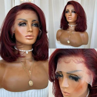YiXing Short Layered Bob 13X6 Lace Front Human Hair Wig with Side Bangs 99j Short Cut Bob Glueless 13X6 Deep Part Wigs with Bang Burgundy Preplucked with Babyhair 10inch 130Density