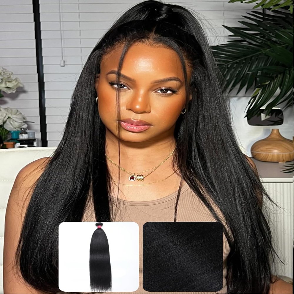 KLAIYI Yaki Straight Bundles Human Hair Weaves Unprocessed Real Virgin Hair Sew In Extensions One Bundle Of 18Inch, 12A Kinky Straight Double Wefts for Women Cllip In Light Yaki Natural Black Color