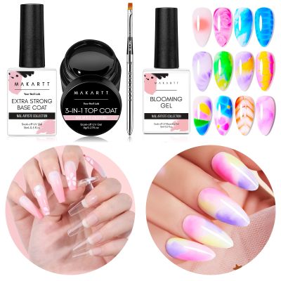 Makartt Clear Blooming Gel 15ml UV LED Soak Off Nail Art Polish for Spreading Effect, 2 Pcs Extra Strong Base Coat & Hard Gel Top Coat for Gel Polish with Nail Art Brush