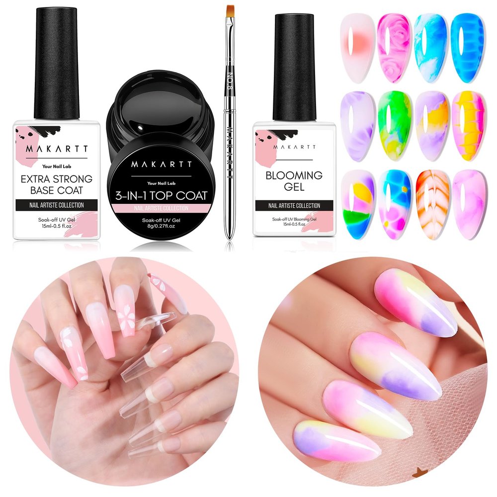 Makartt Clear Blooming Gel 15ml UV LED Soak Off Nail Art Polish for Spreading Effect, 2 Pcs Extra Strong Base Coat & Hard Gel Top Coat for Gel Polish with Nail Art Brush