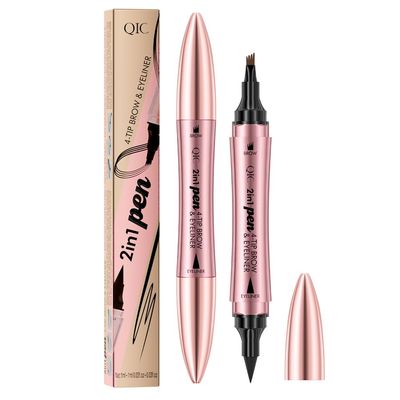 2 in 1 Microblading Eyebrow Pen with Eyeliner Pencil, Waterproof Eyebrow Pencil with 4 Fork Tip Multifunctional Double Head Microblade Eyebrow Pencil Waterproof and Long-Lasting (Light Brown)