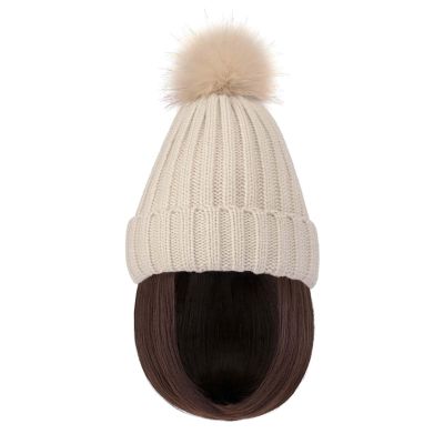 WUODHTW Women Caps with Hair Knit Beanie Cap with Extensions Short Straight Hairstyle Hat Wigs Winter Knitted hat bob Wig