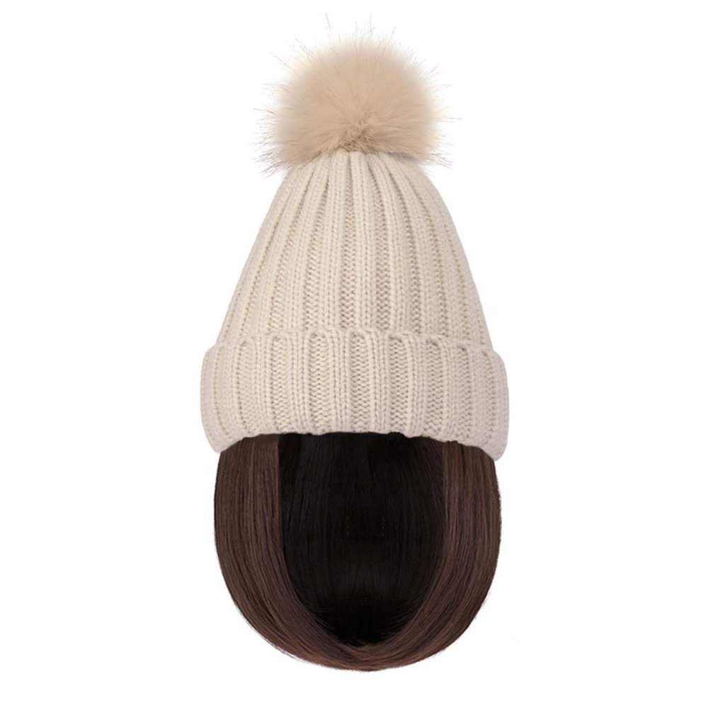 WUODHTW Women Caps with Hair Knit Beanie Cap with Extensions Short Straight Hairstyle Hat Wigs Winter Knitted hat bob Wig