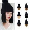 WUODHTW Women Caps with Hair Knit Beanie Cap with Extensions Short Straight Hairstyle Hat Wigs Winter Knitted hat bob Wig view 3