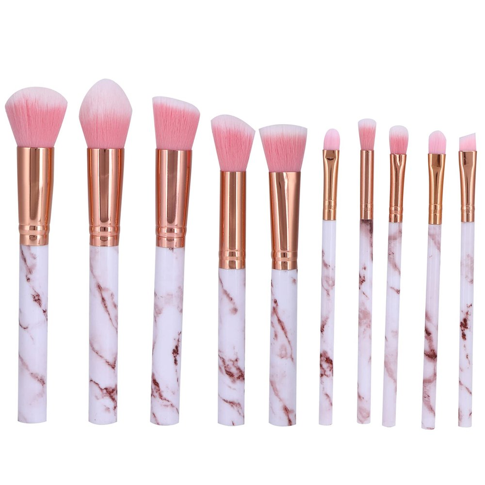10pcs Makeup Brushes Set, Premium Portable Marble Face Makeup Brush Set, Setting Powder Eyeshadow Makeup Brush Tool for Women (pink bristles)