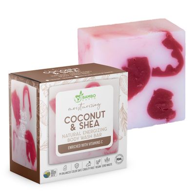 BAMBOEARTH Solid Moisturizing Body Wash Bar Soap Natural Dry Gel Bodywash Shower Bars With Plant Based Essential Oil And Zero Waste Packaging - Use With Hair Shampoo & Conditioner (Coconut & Shea)