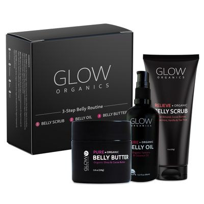Glow Organics Stretch Mark Cream Belly Butter, Scrub and Oil, 3-Step Pregnancy Skin Care Kit, Belly Butter for Stretch Marks, Organic, Pregnancy & Baby Registry Must Haves, Mother To Be Gift.