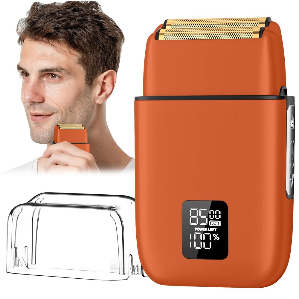 Electric Razor, Electric Razor for Men Face, Shavers for Men, Foil Shaver 3 Adjustable Speeds Rechargeable Waterproof Close Shave Trimmer with LED Display for Face/Beard/Head Shavers (Orange)