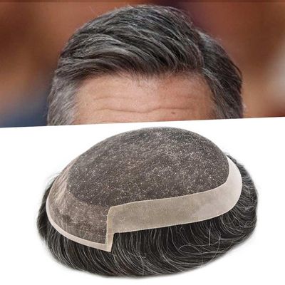 LYRICAL HAIR Toupee for Men Hair System Replacement French Lace Front Mens Toupee Hairpiece Poly Skin NPU Mens Wig Hair Piece Unit 6"X8" #1B40 Off Black+40% Gray-100% Light to Med-light Density