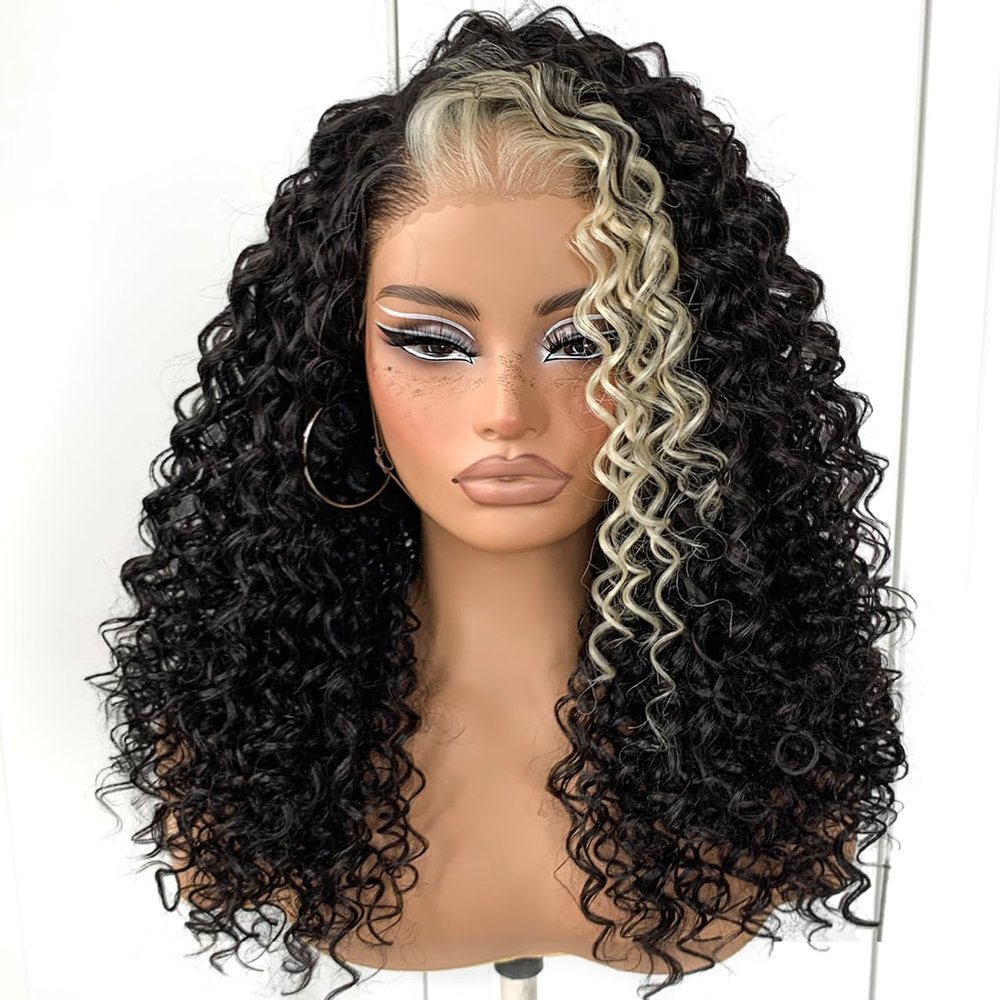 MITIMES 13x6 Skunk Stripe Curly Wig Wear And Go Glueless Synthetic HD Lace Front Afro Wig Pre-Plucked Pre-Cut Afro Curly Layered Wig