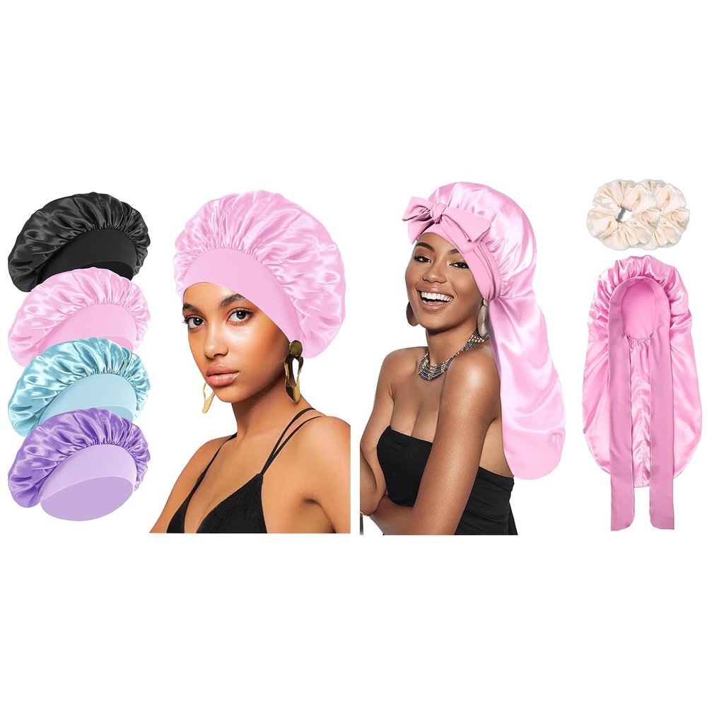 4PCS + 1PCS Satin Hair Bonnet for Sleeping,Bonnets for Black Women Men,Silk Bonnet for Sleeping,Hair Wrap Cap for Curly Hair,Elastic Wide Band Hair Bonnet Shower Cap